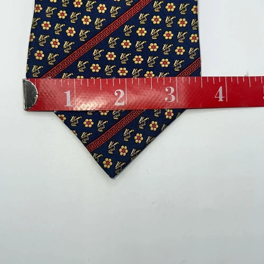 VERSACE CLASSIC V2 Navy Blue and Yellow Floral Pattern Silk Necktie